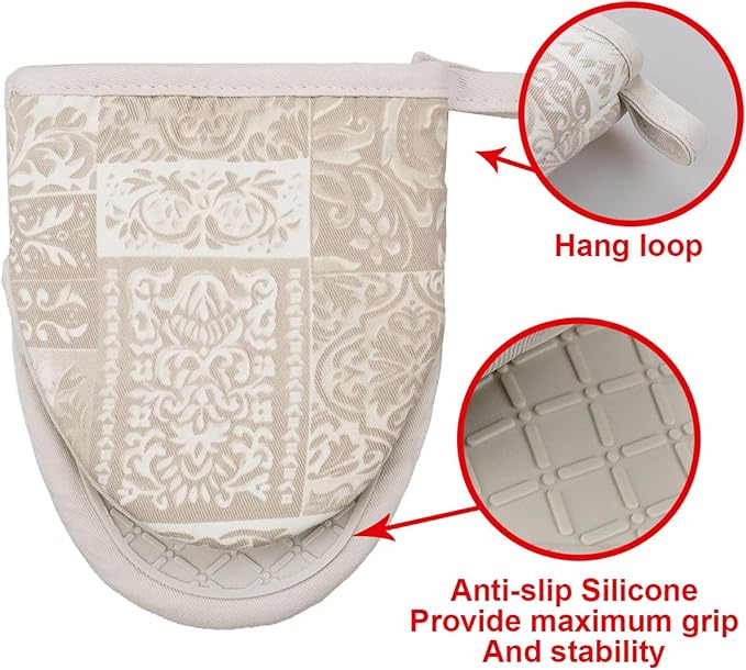 Mini Silicone Oven Mitts, Heat and Slip Resistant Kitchen Mittens 2-Pack Set, Khaki Patchwork Flower Soft Short Oven Gloves, Flexible Thick Pot Holders for Safe Cooking Baking & Grill (Khaki)