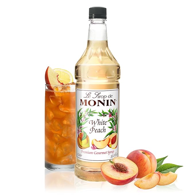 Monin - White Peach Syrup, Juicy Ripe Peach Flavor, Perfect for Cocktails, Mocktails, Iced Teas, & Smoothies, Gluten-Free, Non-GMO (1 Liter)