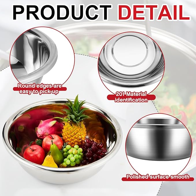 Domensi Set of 3 Extra Large Stainless Steel Mixing Bowls Large Mixing Container Easy to Clean, Nesting Bowls for Space Saving Storage for Cooking, Baking(201 Stainless Steel,13, 16, 20 Quart)