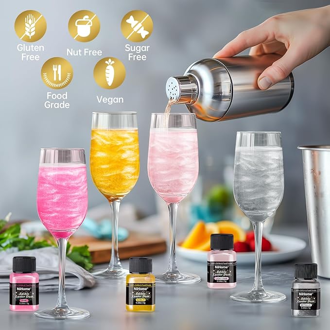 NiHome Edible Luster Dust Glitter Powder Fancy Metallic Sprinkles, Glimmer Luster Dust 4 Bottles of 0.18oz/5g for Decorating Drinks Cakes in Bakeries, Allergen-Free Food Coloring (4 Colors 20g)