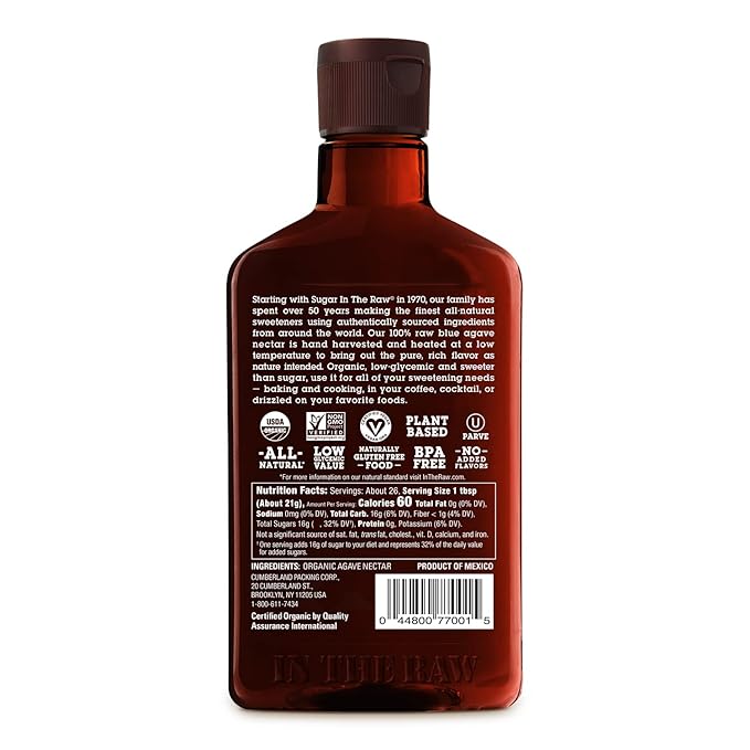 Agave In The Raw Organic Agave Nectar Sweetener, Blue Agave Syrup, No Erythritol, Sugar Substitute for Coffee, Baking, Hot & Cold Drinks, Natural, Low Carb, Vegan, Gluten-Free, 18.5oz Bottle (8 Pack)