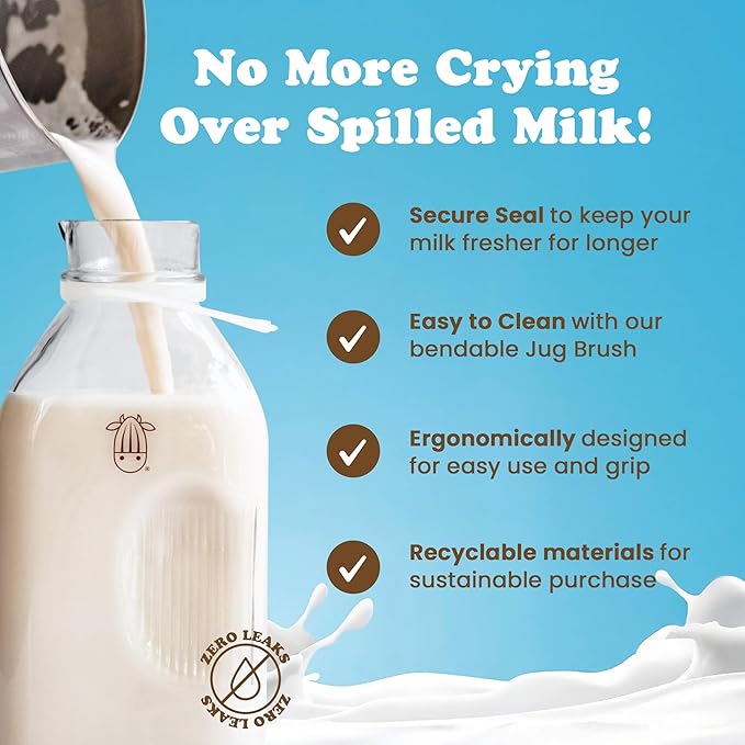 Almond Cow - Glass Pitcher with Lid and Spout, Glass Bottle Milk Container for Refrigerator, Clear Milk Jar Bottles, Food-Grade Liquid Container, 60 fl oz Capacity, 5 x 4 x 10 Inches