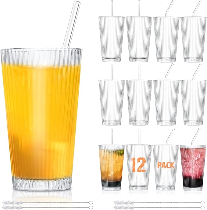 KEMORELA 12-Piece Vintage Ribbed Glassware Set, Old Fashioned Glasses, 16oz Clear Drinking Glasses with Straws, Ideal for Party and Casual Drinking - Classic Design for Any Occasion