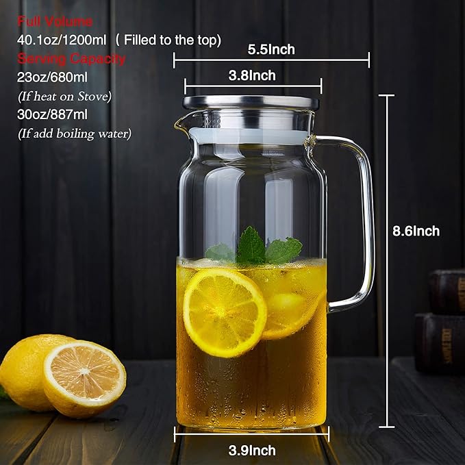 42OZ Glass Pitcher with Lid and Spout, Water Jug, 1250ml Carafe for Hot/Cold Water, Large Iced Tea Pitcher for Coffee, Juice and Homemade Beverage
