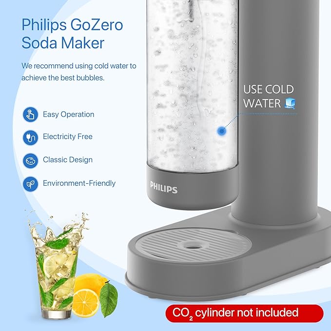 PHILIPS Sparkling Water Maker Soda Maker Soda Streaming Machine Quick Twist for Easy Install, 1L Carbonating Bottle, Soda Water Maker, Compatible with 60L CO2 Carbonator(NOT Included), ADD4901GROQ/37