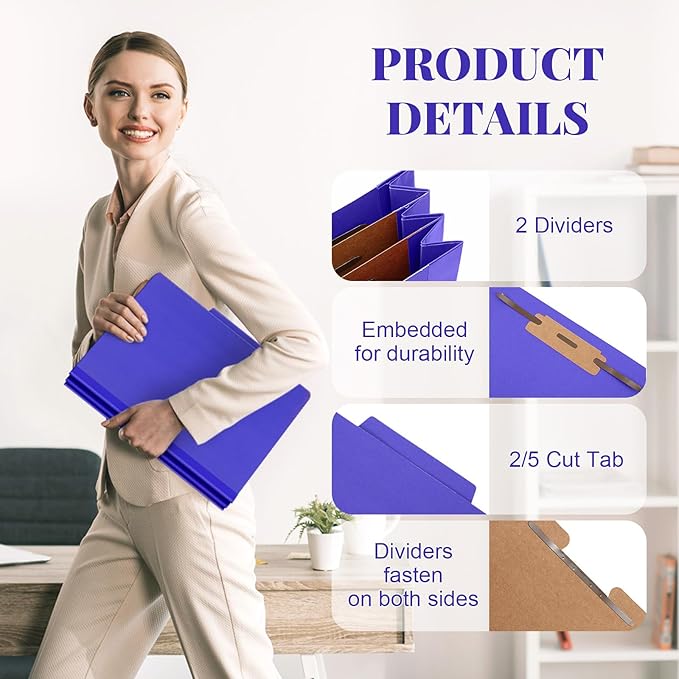 60 Pcs Classification Folders Letter Size, 2 Divider Pressboard File Folders with 3. 5 Inch Expansion, 2 Prongs Fastener, Heavy Duty Office File Organizers for Teachers, Medical (Purple)