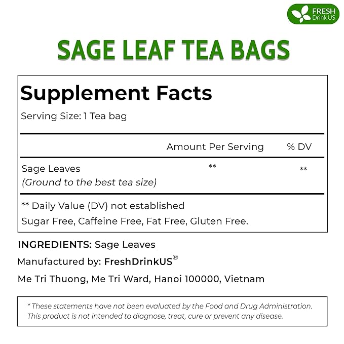 FreshDrinkUS Premium 75 Sage Leaf Tea Bags, 100% Natural & Pure. Loose Leaf Sage Herbal Tea. Made with Natural Material Tea Bags. No Sugar, No Caffeine, No Gluten, Vegan