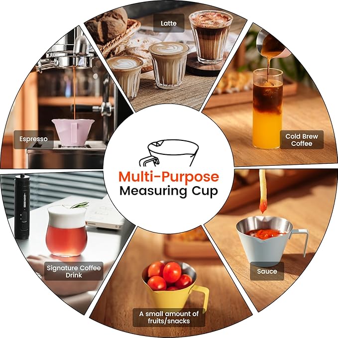 MHW-3BOMBER Espresso Measuring Cups, Double Spouts Stainless Steel Espresso Pour Cup, Espresso Shot Cups with Handle Scale, Metal Measuring Cups with V-Shaped Mouth, 3.4OZ/100ML Silver G5146BL-OS