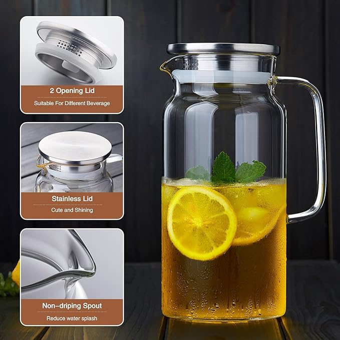 42OZ Glass Pitcher with Lid and Spout, Water Jug, 1250ml Carafe for Hot/Cold Water, Large Iced Tea Pitcher for Coffee, Juice and Homemade Beverage