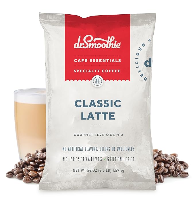 Dr. Smoothie Café Essentials Classic Latte – No Artificial Colors, Flavors, Sweeteners – Shelf Stable – 155mg of Caffeine per Serving – Great for Hot, Iced, & Frozen Frappes (3.5 lb Bag, 26 Servings)