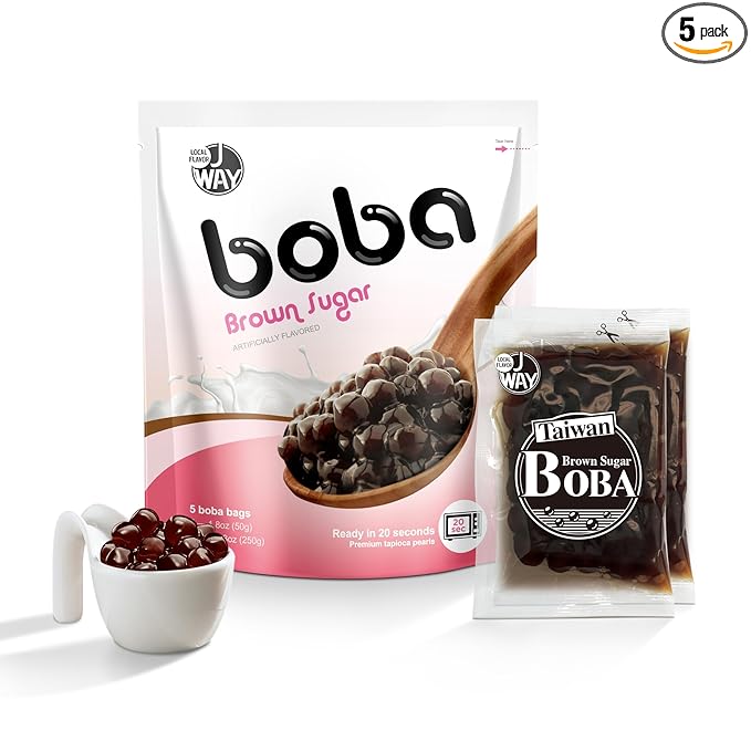 J WAY BOBA Authentic Instant Tapioca Boba Pearls for Milk Tea, Smoothies and Desserts, Brown Sugar Flavor (Ready in Just 20 Seconds) - 5 Servings