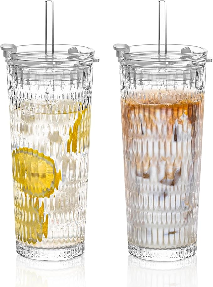 KEMORELA 18oz Glass Tumbler Set of 2 with Straw and Lid – Durable, Leak-Proof, Wide-Mouth Design – Perfect for Iced Beverages, Smoothies, and Daily Hydration Needs