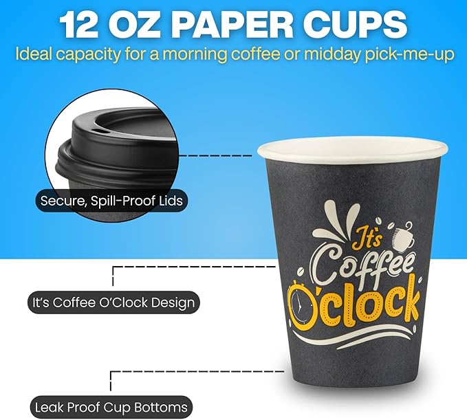 Smygoods Disposable Coffee Cups with Lids, To Go Paper Hot Cups, Coffee O'Clock Design (12 OZ, 100 Count) For Hot Beverages, Coffee, Tea, Espresso, Cocoa - Vasos Para Cafe