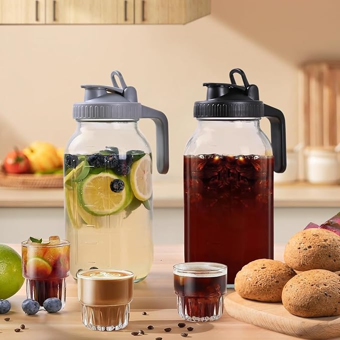 64OZ Glass Pitchers with Lid, Wide Mouth Water Jugs, Leak-Proof Airtight Mason Jars for Cold Brew Coffee, Iced tea, Milk, Food Storage, Sun Tea Jar (Grey)