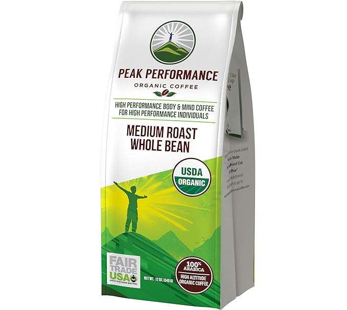 Peak Performance High Altitude Organic Coffee. Fair Trade, Low Acid, Non GMO, and Beans Full Of Antioxidants. Medium Roast Smooth Tasting USDA Certified Organic Whole Bean Coffee Bag
