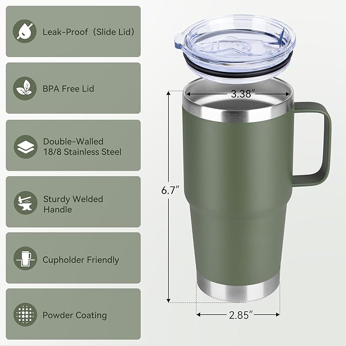 HASLE OUTFITTERS 20oz Tumbler with Lid, Stainless Steel Tumbler with Handle, Metal Insulated Travel Coffee Mug with Handle, Double Wall Vacuum Spill Proof Tumbler Cup, Amy Green 1 Pack