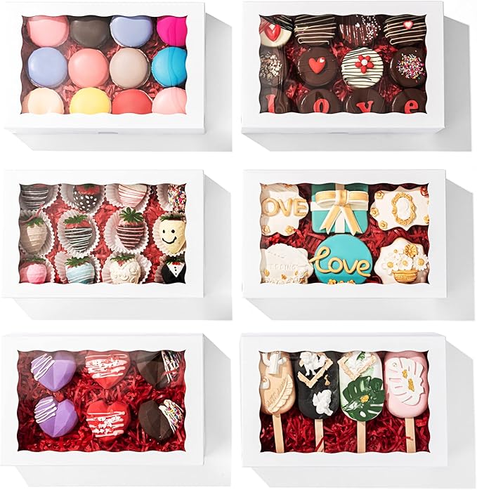 6 Pack Cookies boxes 9.5" x 6" x 2" Bakery Boxes with Window for Chocolate Bomb，Cookies,Macaron, cakesicle, oreo & Chocolate Covered Strawberries Boxes