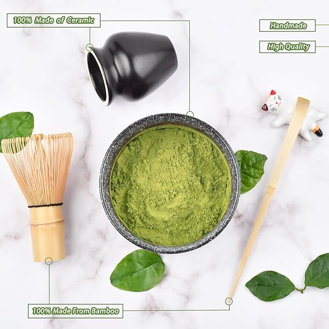 Matcha Whisk Set, Matcha Tea Set Included Matcha Bowl, Bamboo Matcha Whisk, Scoop, Matcha Whisk Holder, Spoon Stand, Matcha Sifter, Japanese Matcha Set for Beginners, Black