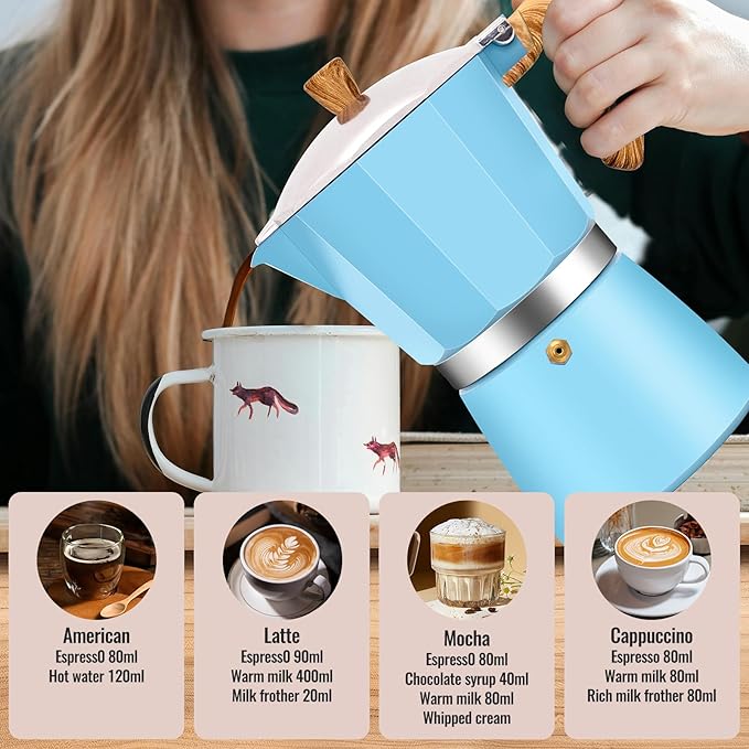 12 Cup Aluminum Moka Pot Classic Stovetop Espresso Coffee Maker 600ml 20oz Coffeemaker Percolator Mocha Pot Greca Coffee Maker Cafe Makers for Italian and Cuban Café Brewing Blue