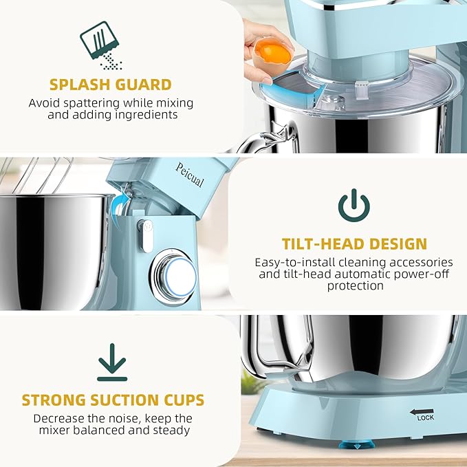Stand Mixer, 6QT 10+P Speed Tilt-Head Kitchen Electric Mixer, Food Mixer with Stainless Steel Bowl, Dough Hook, Flat Beater, Wire Whisk, Splash Guard-Blue