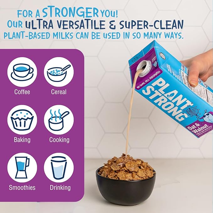 PLANTSTRONG Oat & Walnut Milk 32oz - NON-GMO - Plant Based, Vegan - Gluten Free Dairy Free - Shelf Stable - Lactose Free Milk - No Gums or Oils