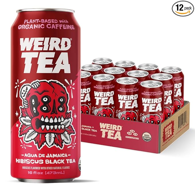 Drink Weird Organic Agua de Jamaica Hibiscus Black Tea – 16oz Cans, 160mg Organic Caffeine, Pack of 12 – Bold & Refreshing Energy Drink Alternative