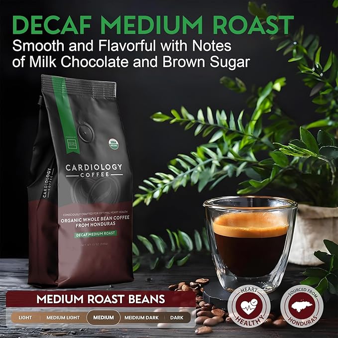 Cardiology Coffee – Decaf Coffee Beans – USDA Certified Organic, Mold Free 12oz Premium Whole Bean Coffee Medium Roast – Decaf Espresso Beans with Swiss Water Decaf and Antioxidant Benefits – Heart Healthy Lifestyle