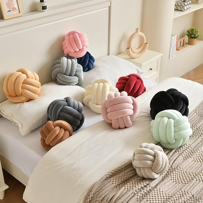 Decorative Throw Knot Pillow Ball for Home Chair Sofa Couch Bed Aesthetic Round Velvet Knotted Pillow Cushion (Coffee, 8 inches)