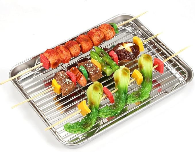 Baking Sheet with Cooling Rack (1 Cookie Sheet + 1 Baking Rack), Stainless Steel Small Baking Sheet Pan with Wire Rack, Toaster Oven Pans Size 10.4 x 8 x 1 Inch, Non-toxic & Heavy Duty & Non-stick