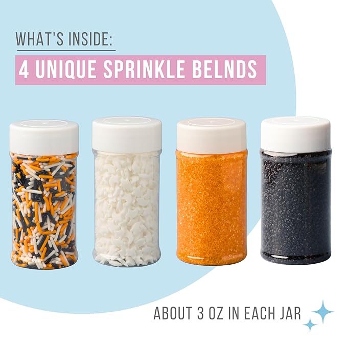 Sweets Indeed Dye-Free Halloween Sprinkles 4-Pack – 11.57 oz Natural Spooky Decorating Set | Sprinkle Mix, Ghost Confetti, Orange Sugar & Black Sugar | Edible Dye-Free Cake & Cupcake Decorations