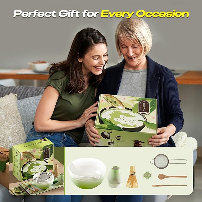 Matcha Whisk Set - 8 Pcs Tea Set with Bamboo Whisk and Holder, Ceramic Bowl, Bamboo Scoop and Spoon,Scoop Rest, Sifter & Tea Towel, Japanese Home Matcha Kit for Authentic Ceremony (Green)