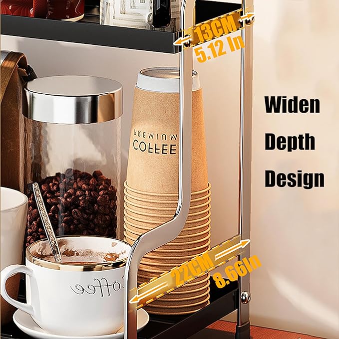 KISKIS Coffee Mug Cup Holder Space Saving 2-Tier Sturdy Stable Metal Storage Shelf, Prevent Falling Scratch Resistant Kitchen Rack Office Bathroom Desktop Organizer,Black+sliver