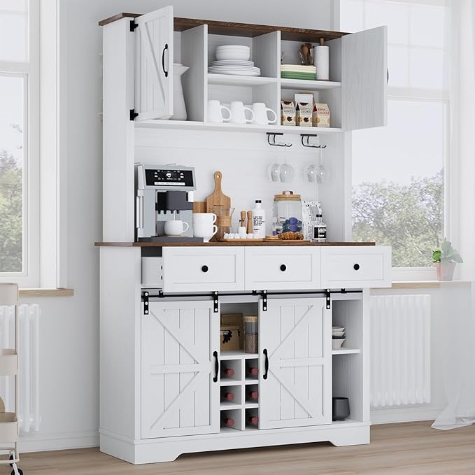 4 EVER WINNER 72" Coffee Bar Cabinet with Sliding Barn Door & Wine Racks, Hutch Cabinet with Storage and 3 Drawers, Farmhouse Coffee Bar with Wine Glass Holder for Dining Room Kitchen, White