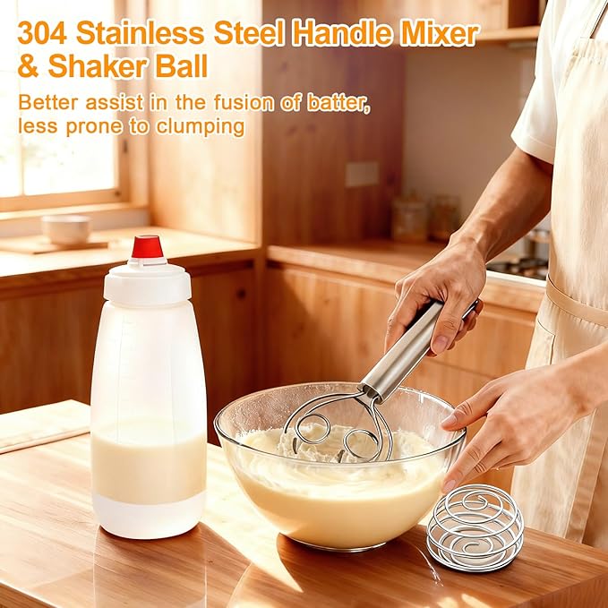 Pancake Batter Dispenser Kit - 4.5-Cup Pancakes Mix Maker with Shaker Ball Stainless Steel Whisk and Brush,Squeeze Bottle for Cupcake,Muffin,Waffle,Crepe