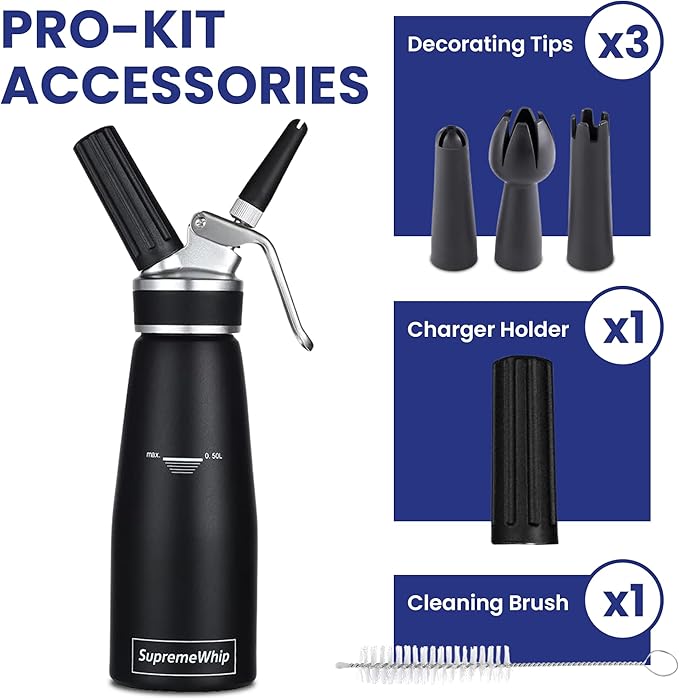 PRO Cream Dispenser, Durable High-Grip, Metal Lid with Rubber, 3 Nozzles, for Hot/Cold Use, Cleaning Brush Included, Black - 500 ml / 1 Pint