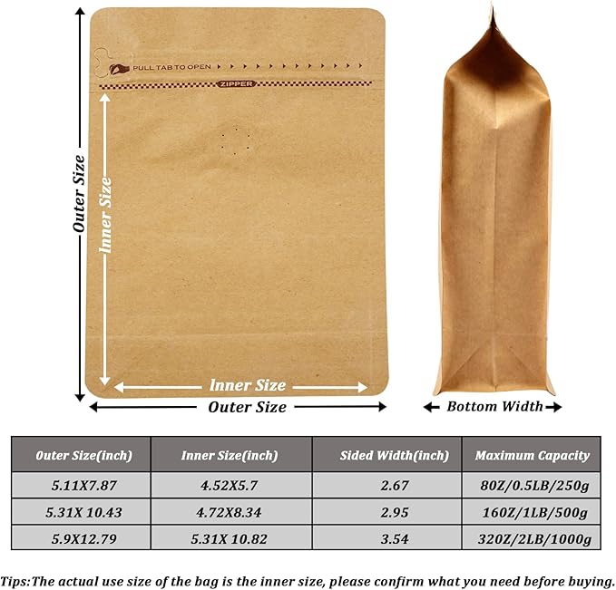 Coffee Bags with Valve (50 PCS,8oz/0.5lb) Kraft Paper High Barrier Aluminum Foil Flat Bottom Standing Coffee Beans Storage Packaging Bags,Reusable Heat Seal Side Zipper Pouches for Small Business&Home