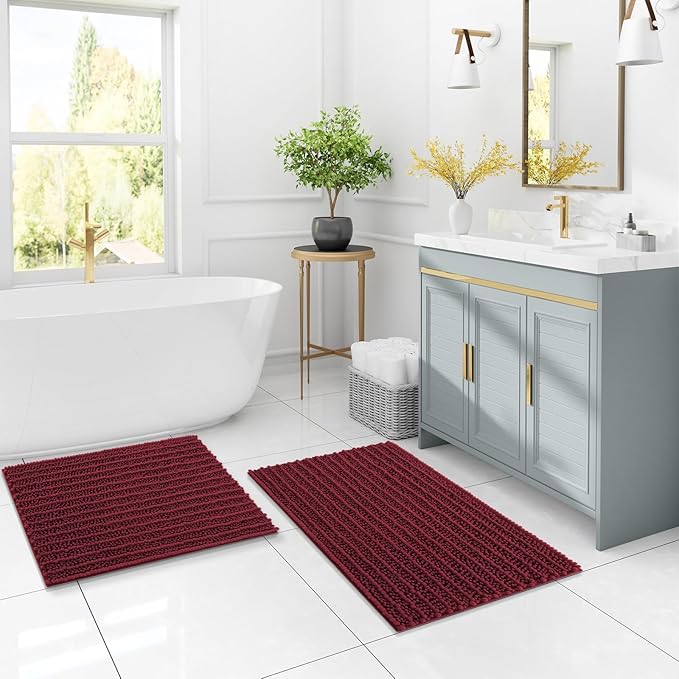 Arotive Luxury Chenille Bathroom Rug Mat, Extra Soft Thick Absorbent Shaggy Bath Rugs, Non-Slip Machine Wash Dry, Plush Bath Mats for Bathroom, Shower and Tub, 40x32, Burgundy