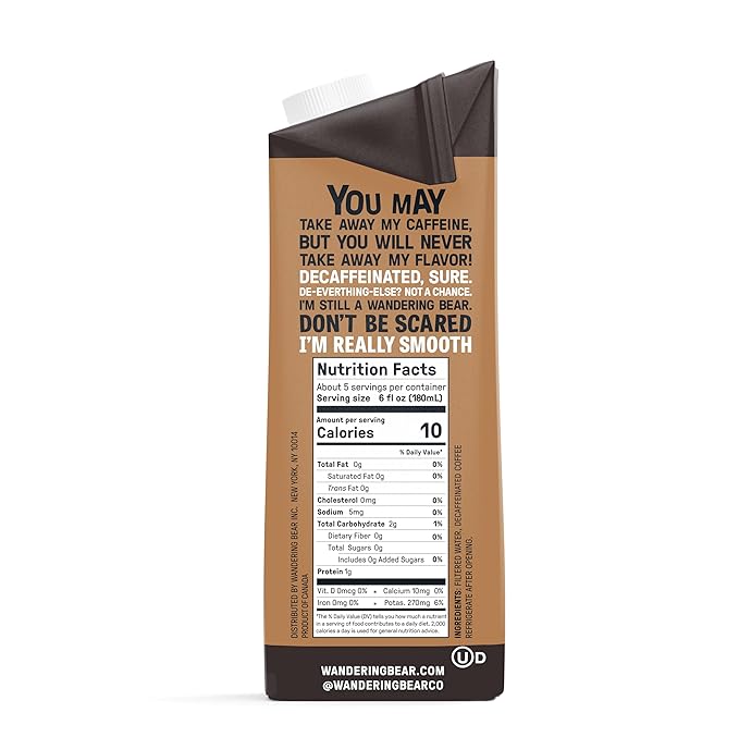 Wandering Bear Decaf Cold Brew Coffee, 32 fl oz, 6 pack - Extra Strong, Bold, Smooth, Unsweetened, Shelf-Stable, Ready to Drink, Iced Cold Brewed Coffee Drinks - Gluten Free & Vegan Decaf