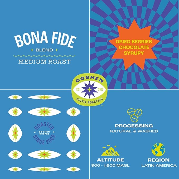 Goshen Coffee Roasters Whole Bean Bona Fide Blend | Medium Roast, Brewed or Espresso | Award-Winning, Natural and Washed | Chocolate, Syrupy, Dried Berry Flavors | 2 Lb Bag