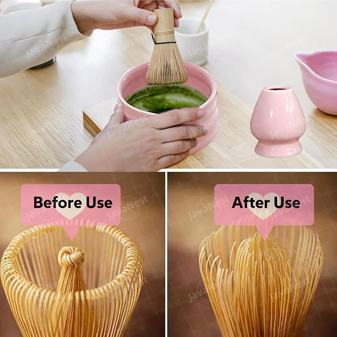 7-Piece Matcha Tea Set with Gift Card – 120-Prong Bamboo Whisk, Ceramic Bowl with Spout, Whisk Holder, Scoop, Spoon, Strainer & Scoop Holder – Ideal Gift for Matcha Lovers (Pink)