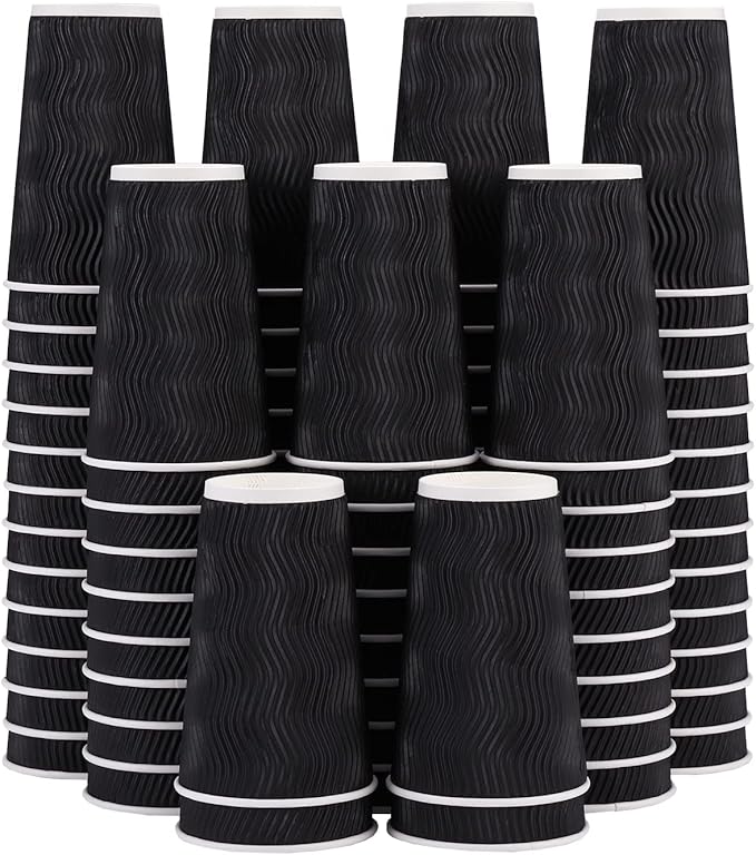 Lamosi 16 oz Coffee Cups - 90 Pack, Disposable Insulated Corrugated Paper Cups 16oz, Kraft Ripple Wall Cups for Hot Beverage or Cold Drinks (Black)