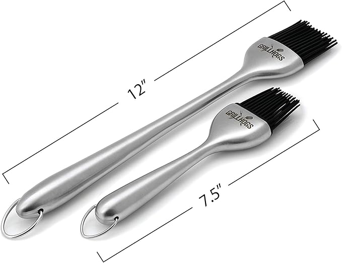 Kitchen Basting Brush, 18/0 Stainless Steel Set of 2 for Grilling & Cooking - 7.5 Inch Precision & 12 Inch Reach Grill Brushes with 480°F Heat Resistant Bristles - Silicone Brush, Pastry, BBQ Brush