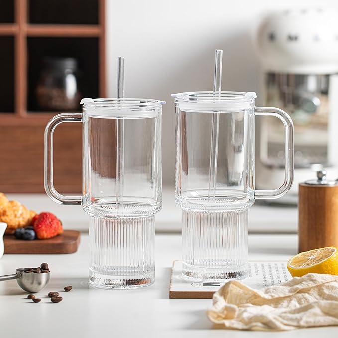 INSETLAN 26oz Glass Tumbler with Handle & Lid – 2-Pack Large Iced Coffee Cups with Straws, Modern Glass Mug for Cold & Hot Beverages, Aesthetic Travel Cup for Smoothies, Tea, and Juice