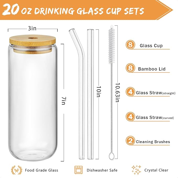 20 Oz Drinking Glasses with Bamboo Lids and Glass Straw - 8 Pcs Glass Cups Beer Ice Coffee Glasses Cute Aesthetic Cup Great for Coffee Bar Accessories Include 2 Cleaning Brushes
