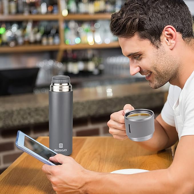 Stainless Steel Thermo 16.9oz Vacuum Insulated Bottle with Cup for Coffee Hot drink and Cold drink water flask.(Gray,Single)
