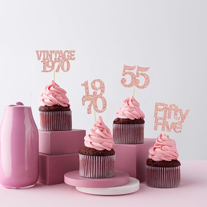 Gyufise 24Pcs 55th Birthday Cupcake Toppers Glitter Cheers to 55 Fabulous Fifty Five Vintage 1970 Cupcake Picks 55th Birthday Wedding Anniversary Party Cake Decorations Supplies Rose Gold