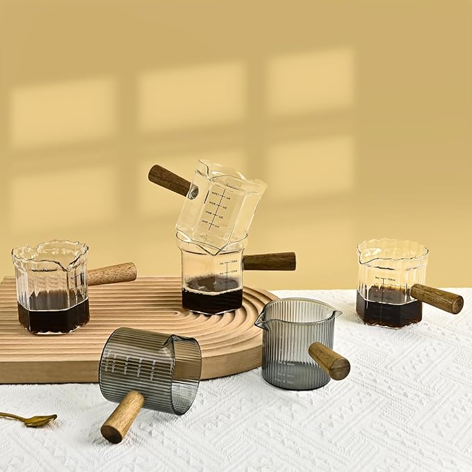 Glass Measuring Cup, 4oz Espresso Shot Glass with Wood Handle, Double Spouts Measuring Triple Pitcher Milk Cup for Coffee Tea (Gray Ribbed）