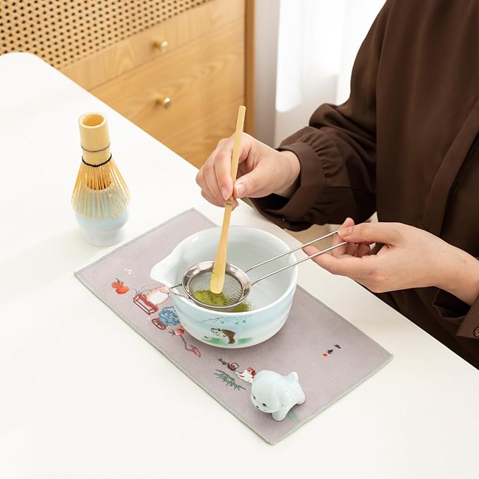 Matcha whisk and bowl set, ceramic matcha bowl with spout, matcha tea set for breakfast, matcha latte, perfect matcha set for ceremony 7 piece set (blue)
