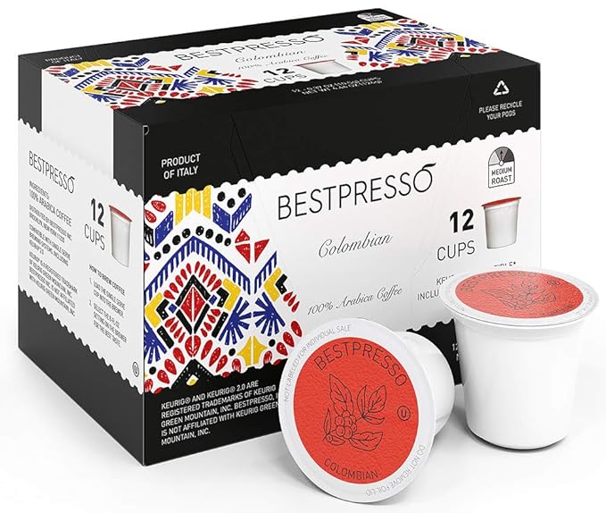 Bestpresso Coffee, Colombian Medium Roast Single Serve K-Cup Pods, 96 Count (Compatible With 2.0 Keurig Brewers) 8 Packs Of 12 Cups