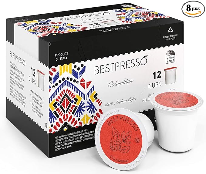 Bestpresso Coffee, Colombian Medium Roast Single Serve K-Cup Pods, 96 Count (Compatible With 2.0 Keurig Brewers) 8 Packs Of 12 Cups